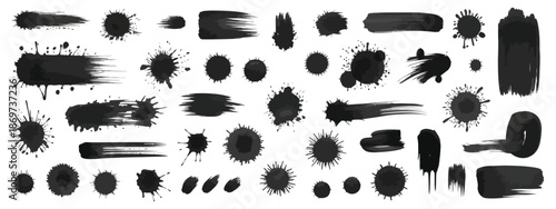 Spray graffiti element vector set, urban street black grunge splatter with brush drips and freehand ink strokes, messy paint stains, splash circles and cool hand writing textures