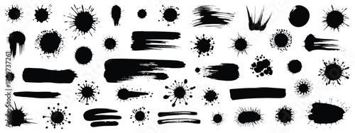 Spray graffiti element vector set, urban street black grunge splatter with brush drips and freehand ink strokes, messy paint stains, splash circles and cool hand writing textures