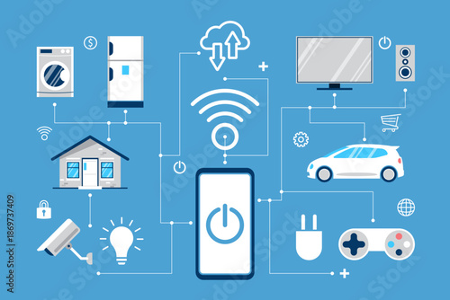 Smart home ecosystem with central mobile control, cloud connectivity, and interconnected IoT devices like appliances, security, lighting, and entertainment. Ideal for tech, automation, and digital lif