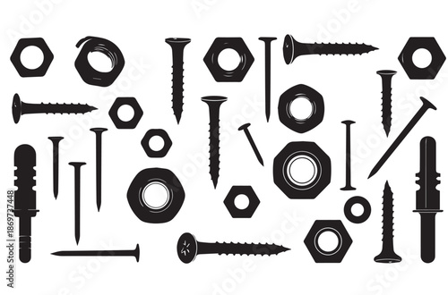 Industrial Fasteners Vector Silhouettes - Screws, Bolts, Nuts, and Hardware Fixings
