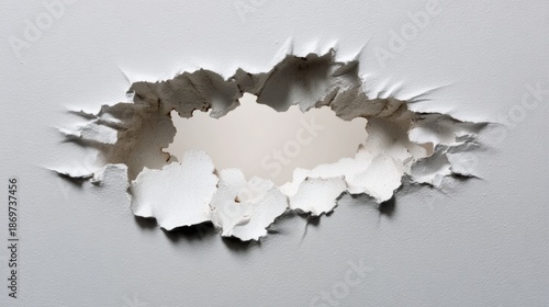 A hole is present in a wall that exposes the material underneath. The edges are torn and uneven revealing the structure and texture found in building materials.