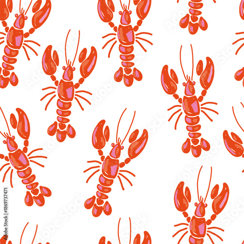 Lobster seamless pattern on white background. Hand drawn Mediterranean seafood design in imperfect naive style, perfect for summer kitchen decor or wrapping paper.