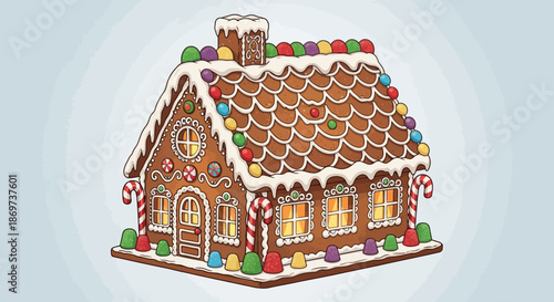 A gingerbread house decorated with colorful candies and icing on a white background for christmas or holiday baking and dessert ideas with christmas dessert