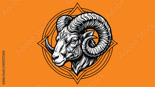Intricate ram illustration on vibrant orange background detailed artwork.