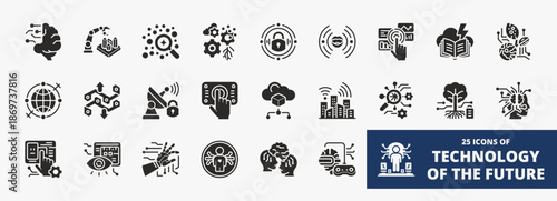 Set of a collection of technology of the future icons suitable for web and mobile application. Set of glyph style icons with neurologic, architect, analyst, adaptation, cybersafe, and more icons