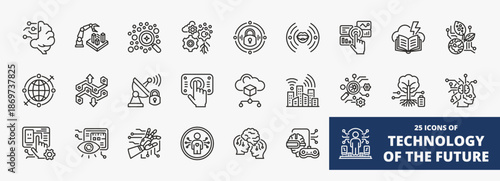 Set of a collection of technology of the future icons suitable for web and mobile application. Set of outline style icons with neurologic, architect, analyst, adaptation, cybersafe, and more icons