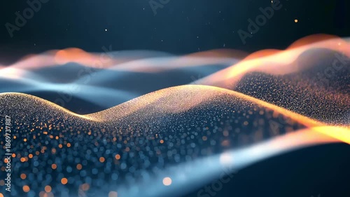 Abstract waves of shimmering particles flow seamlessly across the frame, showcasing a dynamic visual progression of light and texture in a mesmerizing display of motion