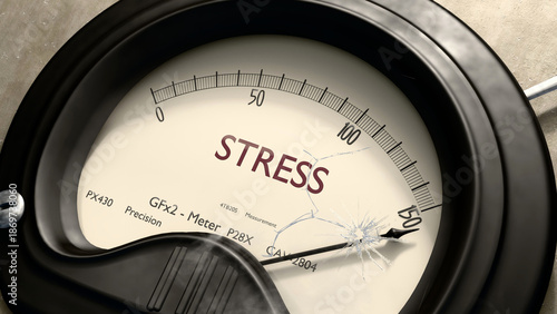Stress meter showing high levels of stress. Dangerously increasing values of stress, critical overload. Too much, off the charts. Max stress ,3d illustration