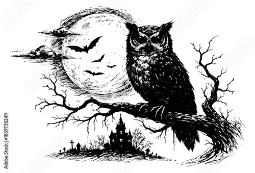 Hand drawn line art illustration of an owl depicting a spooky Halloween night scene for seasonal designs