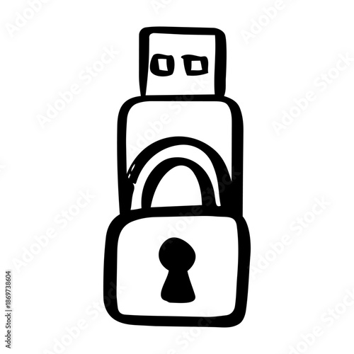Digital Security Concept Hand Drawn Icon of USB Flash Drive with Padlock.