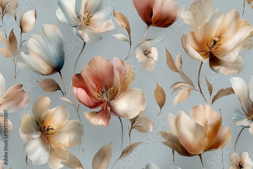 Elegant, chic, vintage seamless pattern made of watercolor tulip flowers with light blue background