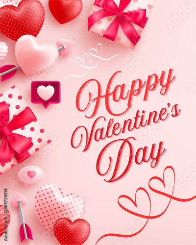 Happy Valentine's Day Poster or banner with cute font, sweet hearts and gift box on red background.Promotion and shopping template or background for Love and Valentine's day concept