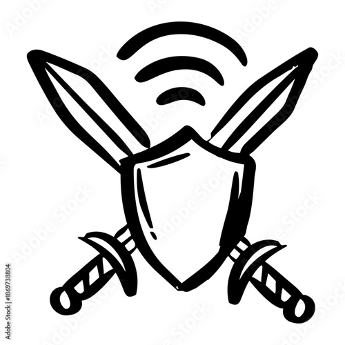 Hand drawn shield and crossed swords with wireless signal icon, cybersecurity and digital protection concept doodle vector illustration.
