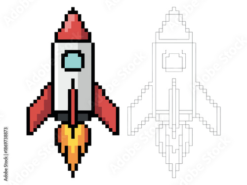 Pixel Art Rocket Ship Blasting Off with Flame and Blueprint Design