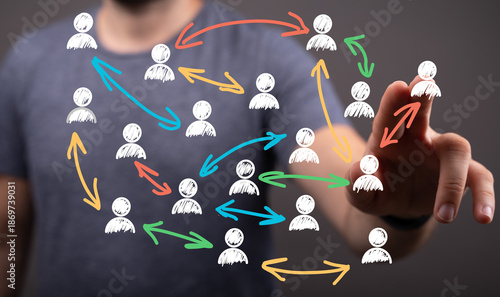 Image of a person interacting with a network of connections, symbolizing teamwork, collaboration, and communication.