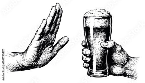 Hand drawn line art illustration of a hand refusing alcohol depicting a stop gesture towards a beer glass for concepts of sobriety and healthy lifestyle