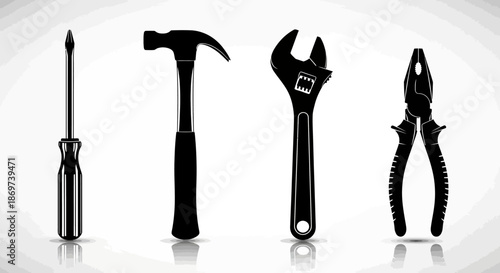 Four essential black tools for diy projects and home repair including a screwdriver hammer adjustable wrench and pliers on a white background