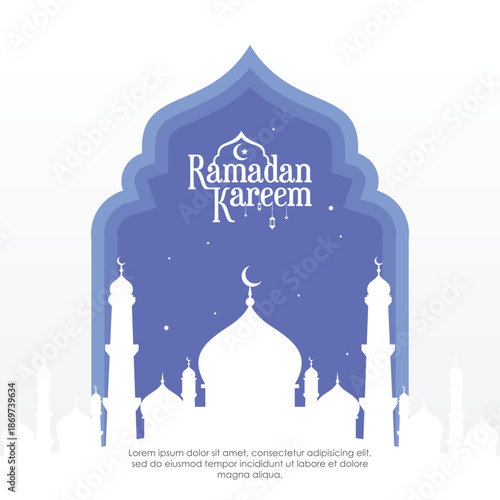 Ramadan Kareem Greeting with Mosque Silhouette and Crescent Moon