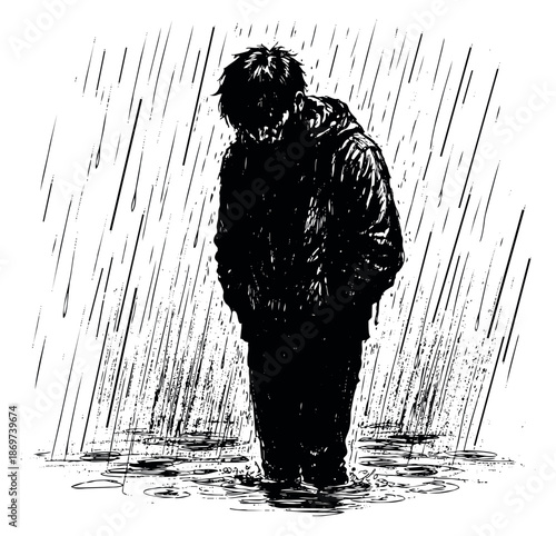 Hand drawn illustration of a man depicting despair in the rain for emotional and psychological concepts