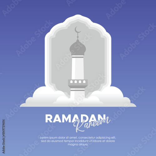 Ramadan Kareem Greeting Card with Mosque Minaret and Crescent Moon