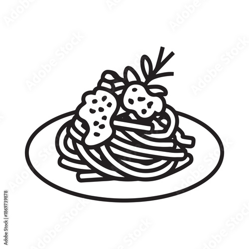 A simple black and white illustration of pasta with sauce on a plate