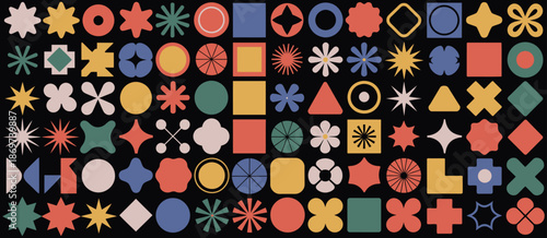 Brutalist Geometric Shape Vector Set: Trendy Abstract Minimalist Figures, Stars, Flowers, and Circles, Modern Graphic Design Elements for Posters, Branding, and Contemporary Art Projects