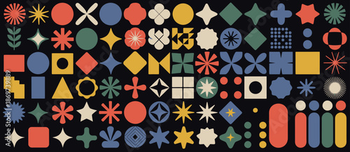 Brutalist Geometric Shape Vector Set: Trendy Abstract Minimalist Figures, Stars, Flowers, and Circles, Modern Graphic Design Elements for Posters, Branding, and Contemporary Art Projects