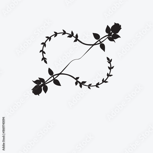 Black silhouette vector illustration of a cherry tree branch with flowers berries and birds in a nature art style