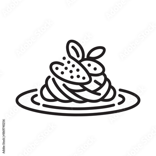 A simple line drawing of a plate of pasta with garnish