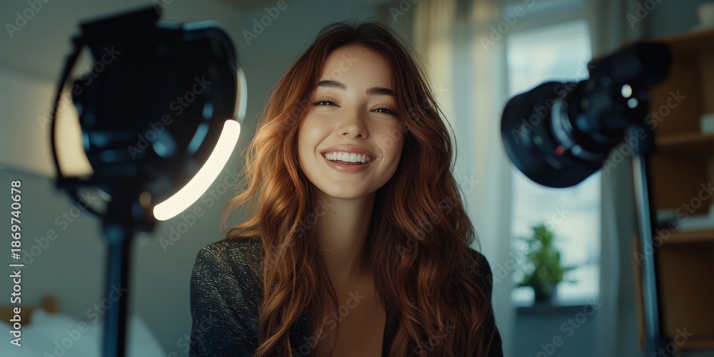 Fototapeta premium A woman with long brown hair is smiling in front of a camera. There are two lights behind her, one of which is a ring light