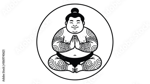 Meditating Sumo Wrestler in Lotus Position with Tattooed Arms.