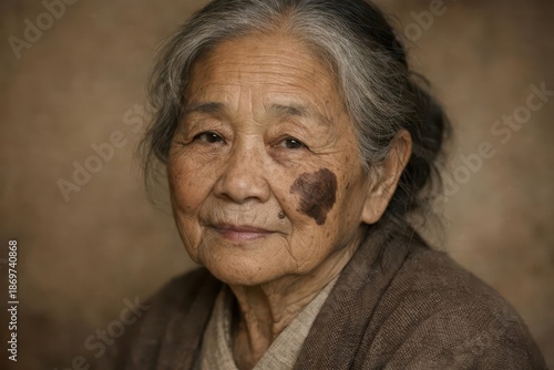 Mole and birthmark on elderly Asian women's skin