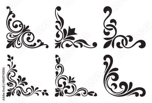 Decorative set of six vintage calligraphic swirl corner ornaments in black style