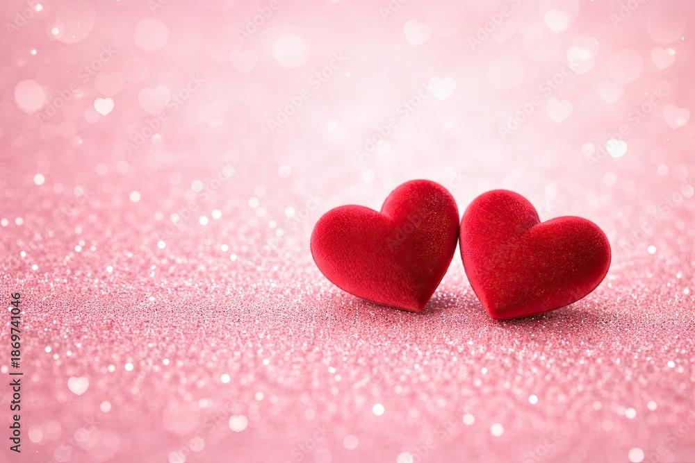 Fototapeta premium Two red hearts on pink glitter background