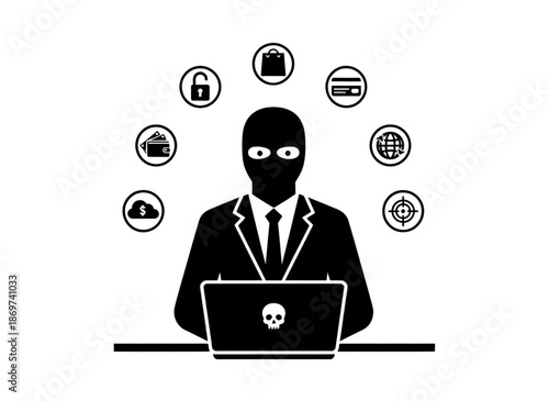 Cyber Hacker Silhouette with Stolen Data Icons