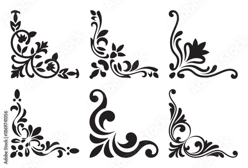 A set of black and white ornate corner decorative elements for design projects