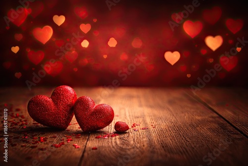 Glittering red hearts on wooden table with festive background