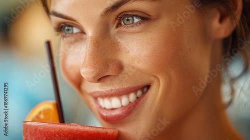 That s her smoothie grin Closeup of a beautiful woman savoring a fruit drink