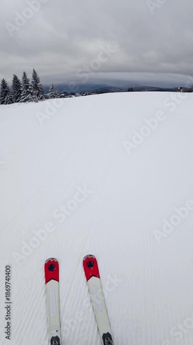 Beautiful POV ski landscape on the mountains. Skier skis down a snowy mountain trail in cloudy weather. Vertical shot
