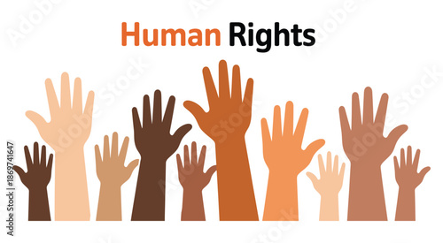Hands raised in the air with human rights text, illustrating social equality, unity, diversity, human rights awareness