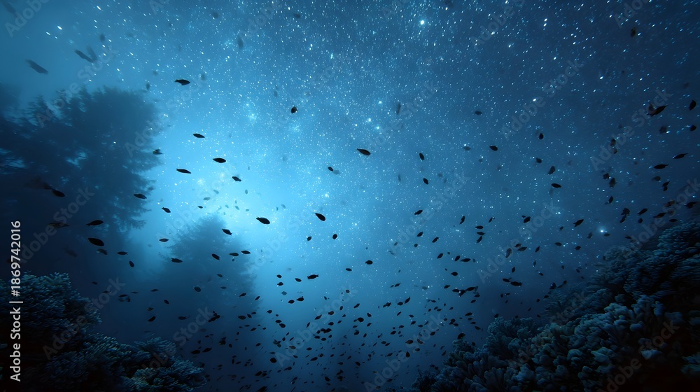 Fototapeta premium A surreal underwater scene with a dense school of fish swimming beneath a starry night sky illusion