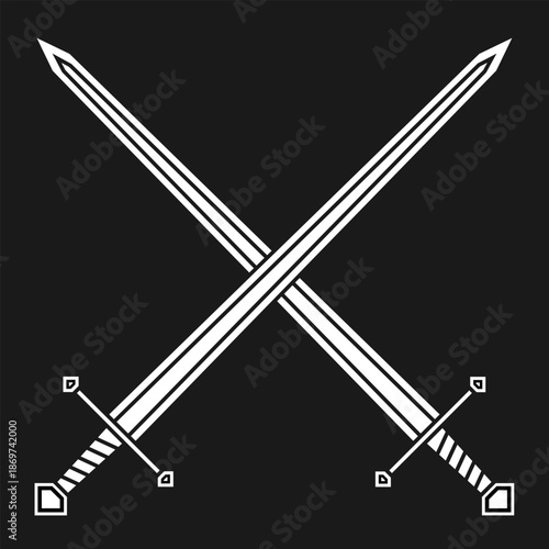 Sword vector illustration. Crossed swords military or heraldry icon symbol. Protection and security sign. Medieval or knight weapon. Fantasy longsword fencing logo.