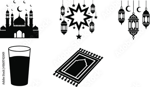 Islamic Ramadan icon set featuring mosque lanterns prayer rug crescent stars and iftar drink spiritual illustration design elements collection