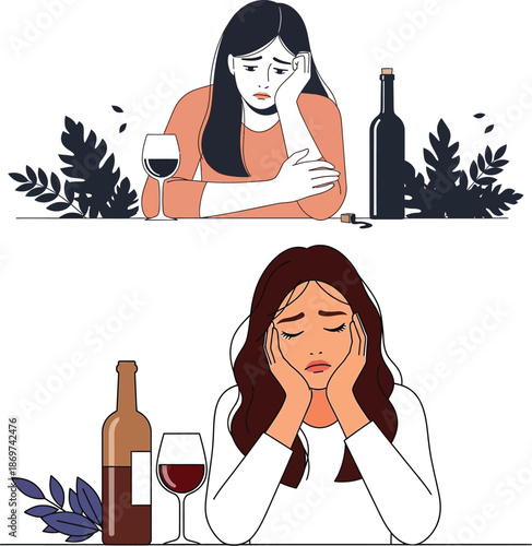 sad women emotional illustration with wine bottles and loneliness theme