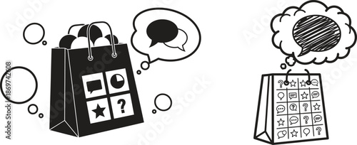 shopping bags illustration with thought bubbles and symbols