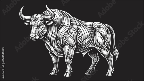Powerful Bull Illustration Muscular Anatomy and Strength Depiction.