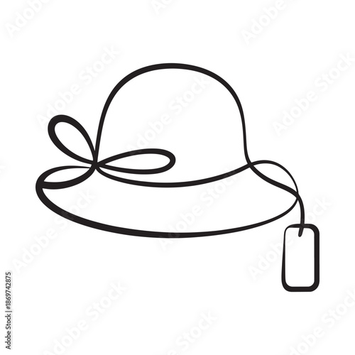 Elegant hat design with bow and tag rendered as a minimalist line drawing