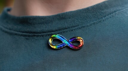Autistic teen wearing a metallic rainbow pin on his shirt Celebrating World Autism Awareness Day and the neurodiversity movement