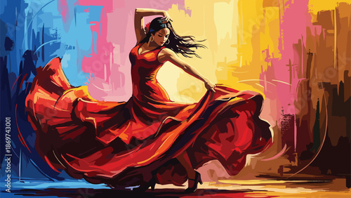 Beautiful digital oil painting of a Spanish flamenco dancer in a red dress performing against a colorful abstract art background.