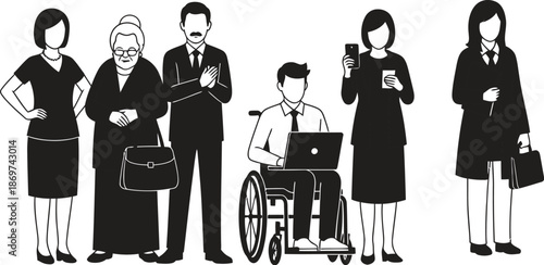 business team diverse professionals standing together including wheelchair user